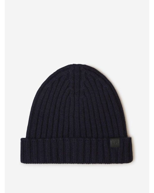 Tom Ford Blue Cashmere Ribbed Beanie for men