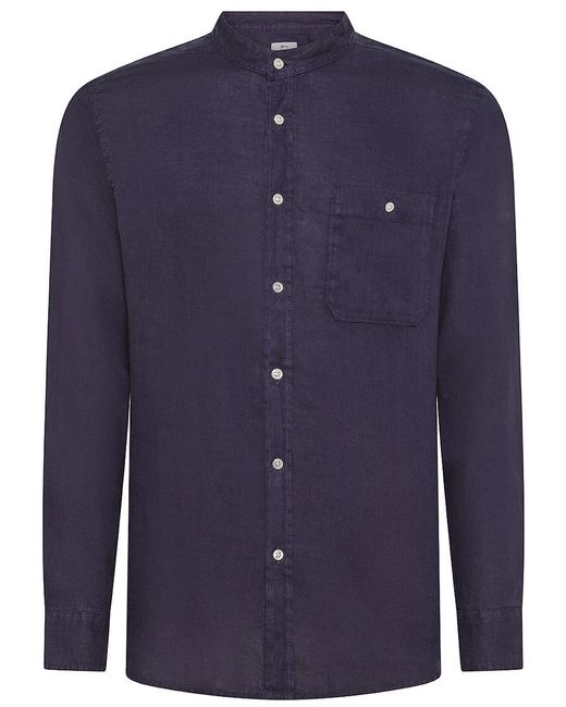 Woolrich Blue Linen Shirt With Mandarin Collar for men
