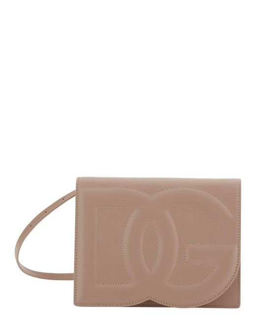 Dolce & Gabbana Brown 'dg Logo Bag' Beige Crossbody Bag In Leather Woman