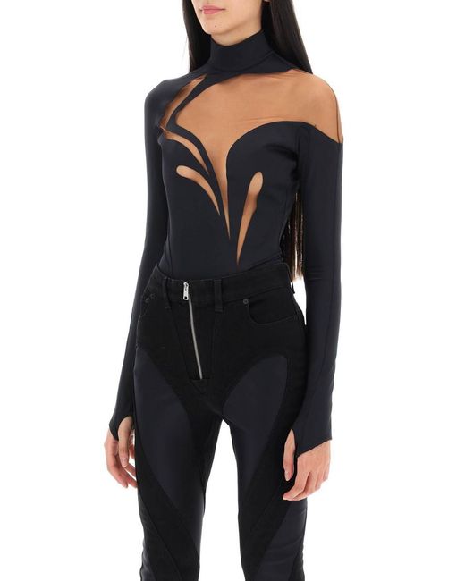 Mugler Black Long-sleeved Swirly Bodysuit