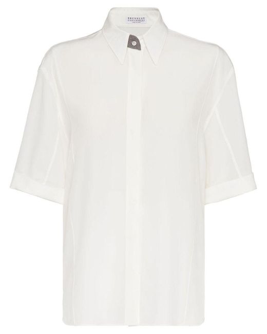 Brunello Cucinelli White Short-Sleeve Silk Shirt