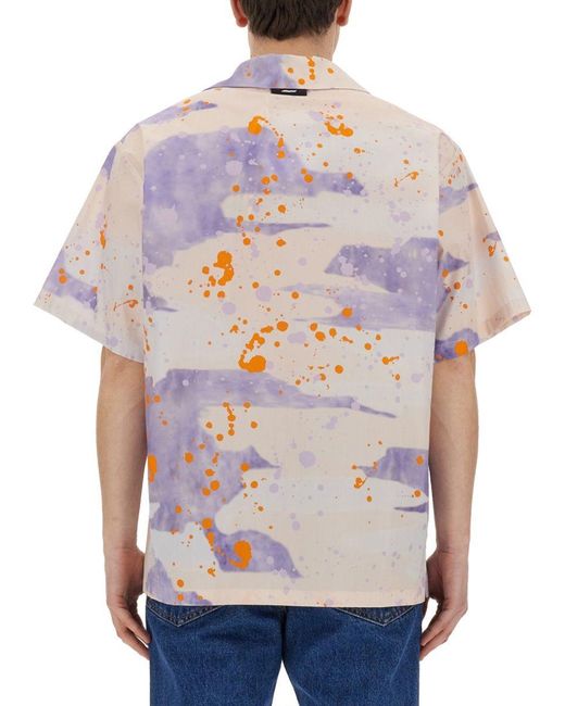 MSGM Blue Bowling Shirt With "Dripping Camo" Print for men