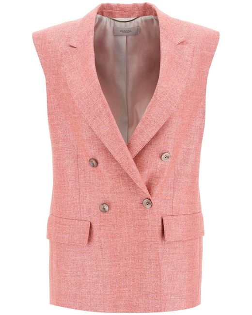Agnona Pink Double-breasted Vest In Silk, Linen And Wool