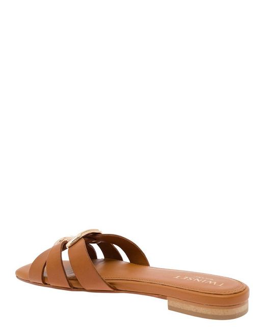 Twin Set Brown Mules With Oval T Logo In Leather Woman