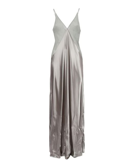 Alberta Ferretti White Flowing Evening Dress With Deep V-Back And Spaghetti Straps