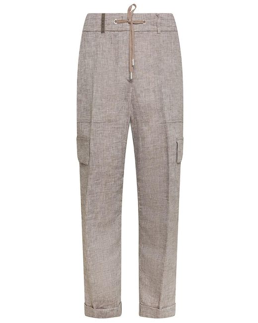 Peserico Gray Linen Trousers With Side Cargo Pockets