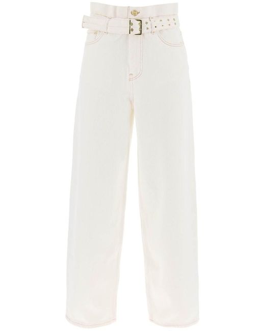 Ganni White Jeans Paper Bag With Belt And