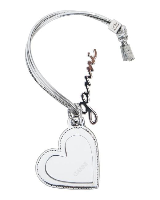 Ganni White Bou Heart Metallic Mirror With Logo Lettering Pendant And Heart Charm