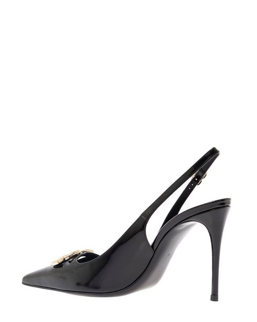 Dolce & Gabbana Black Slingback Pumps With Metal Dg Patch In Shiny Leather Woman