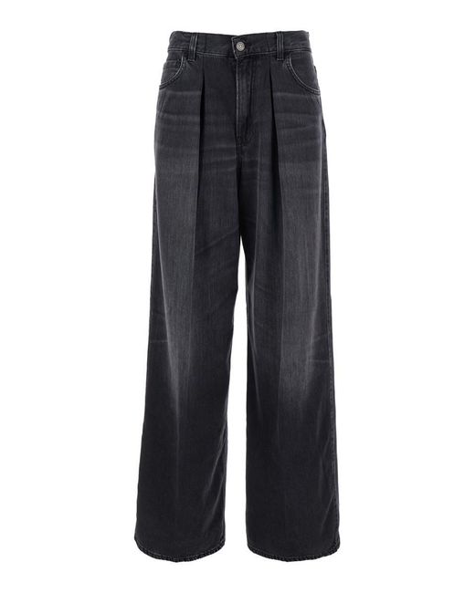 Haikure Blue Jeans With Front Pleats And Logo Patch On The Back