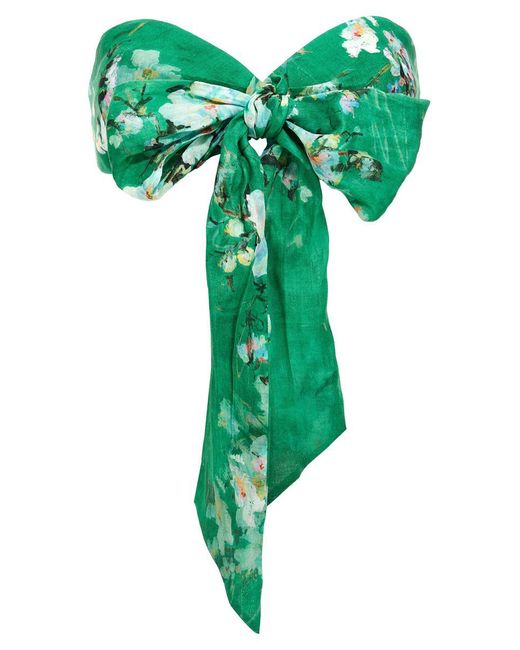 Zimmermann Green Everley Bow Floral-Pattern Linen Bralette