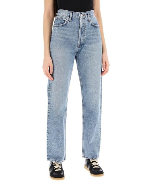 Agolde Blue Straight Leg Jeans From The 90's With High Waist