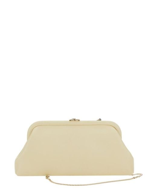 Jimmy Choo Natural 'Skylar' Clutch With Chain-Link Shoulder Strap And Kiss-Lock Closure With Logo Plaque