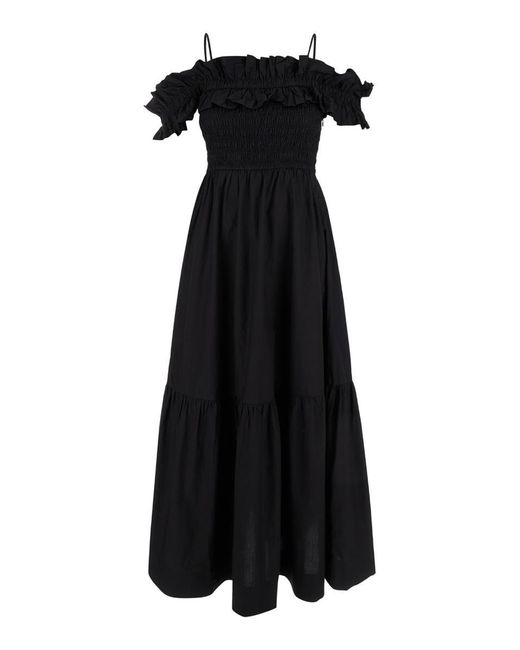 Ganni Black Cotton Poplin Long Smock Dress