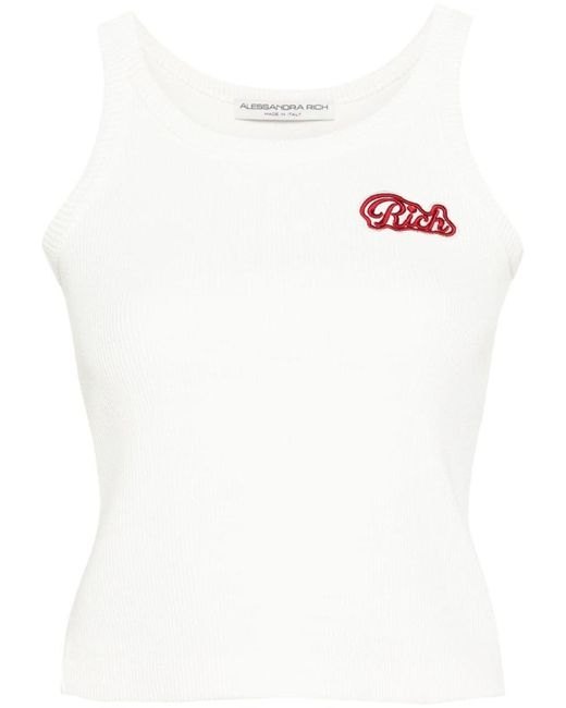 Alessandra Rich White Logo Ribbed Cotton Tank Top