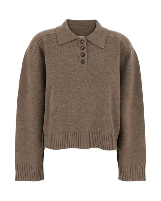 Loulou de Saison Brown Polo Shirt Style Sweater With Classic Collar And Ribbed Trims