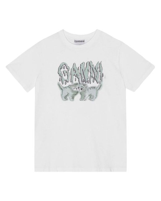 Ganni White Cotton T-shirt With Logo And Cats Print