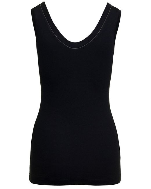 Brunello Cucinelli Black Ribbed Tank Top With Monile Detail In Stretch Cotton