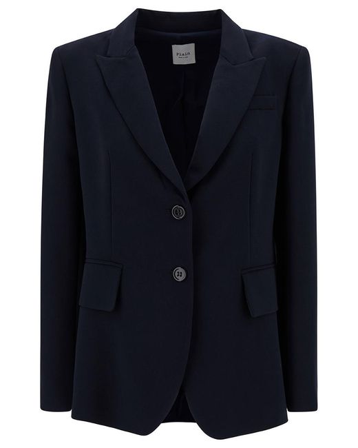 Plain Blue Single-breasted Jacket With Buttons In Cady Woman