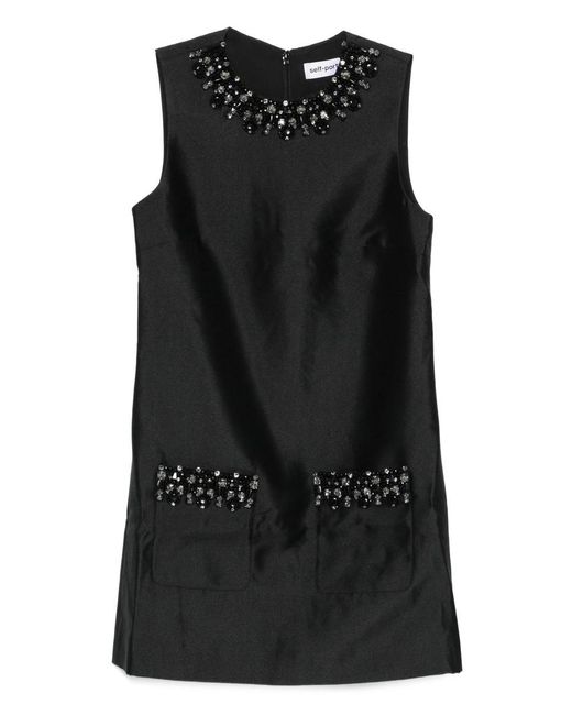 Self-Portrait Black Taffeta Embellished Trim Mini Dress