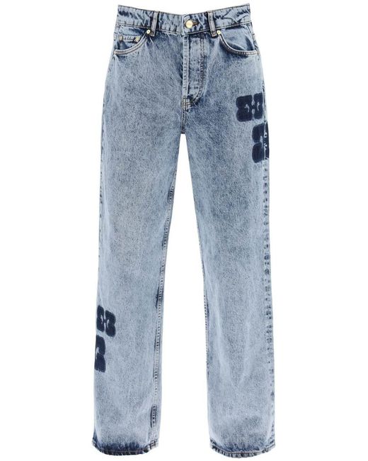 Ganni Blue Wide Leg Izey Jeans With Contrasting Details