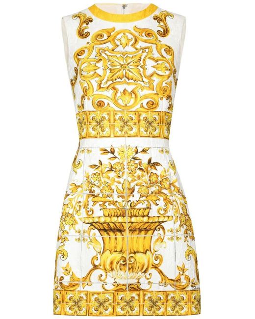 Dolce & Gabbana Yellow Short Sleeveless Dress With Majolica Print