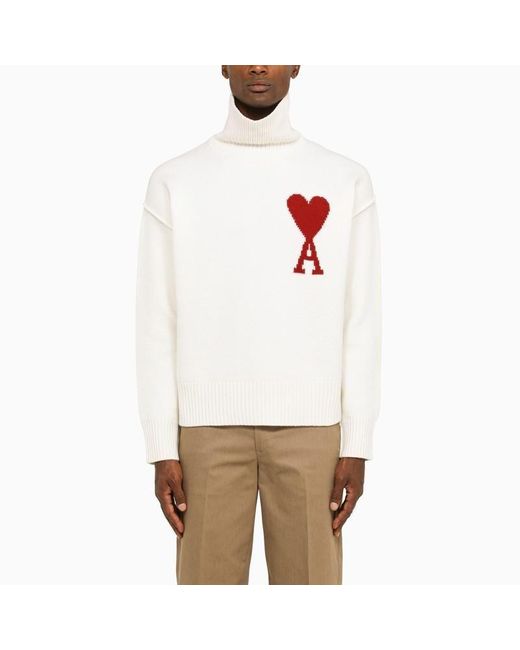 Ami Paris Wool Funnel Neck Sweater in White for Men | Lyst