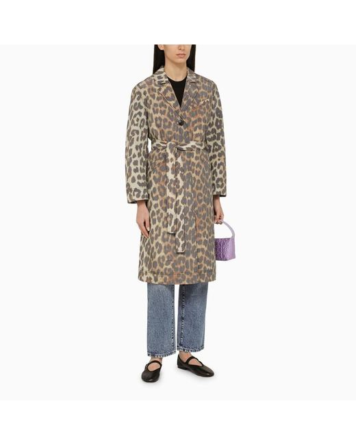 Ganni Brown Leopard Print Single-Breasted Coat