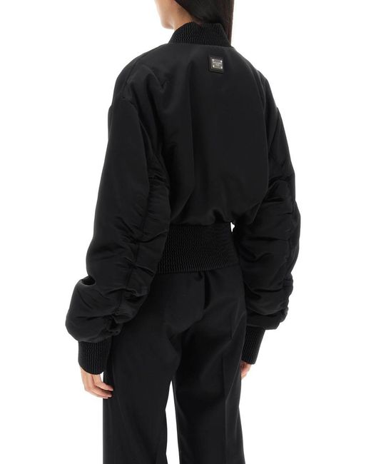 Dolce & Gabbana Black Charmeuse Bomber Jacket With Draped Sleeves