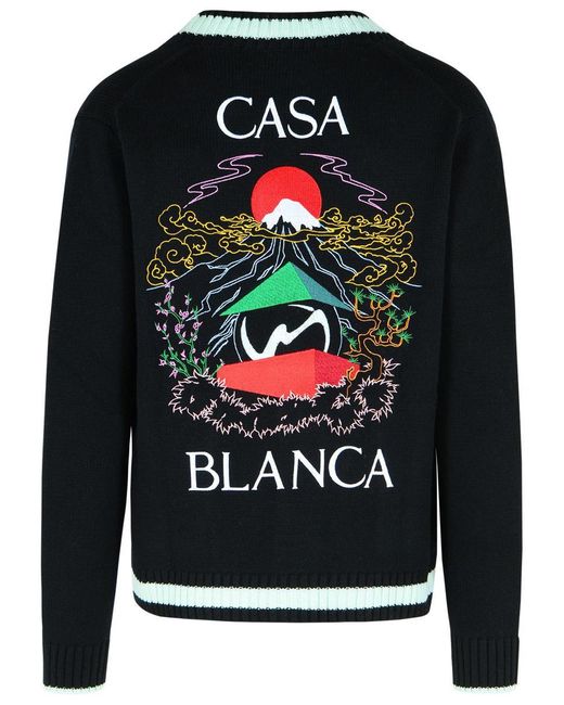 Casablanca Black 'Mountain Temple' Merino Wool Embroidered Cardigan for men