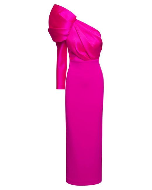 Solace London Pink 'lexi' One Shoulder Long Fuchsia Dress With Oversized Structured Shoulder Woman