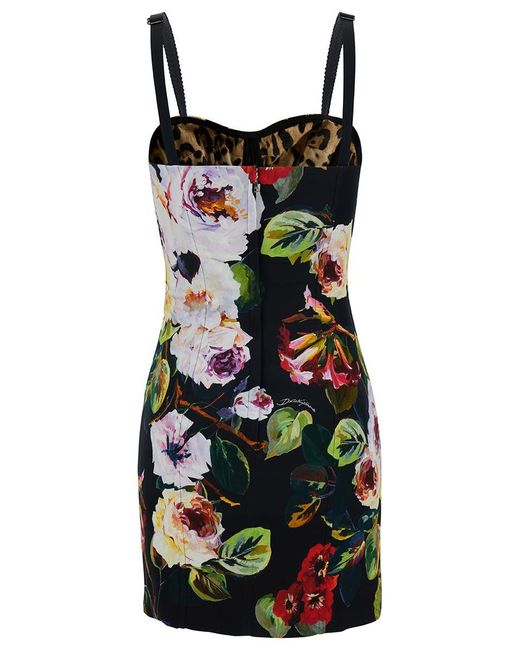 Dolce & Gabbana Black Mini Multicolor Bustier Dress With Rose Garden Print In Viscose Woman