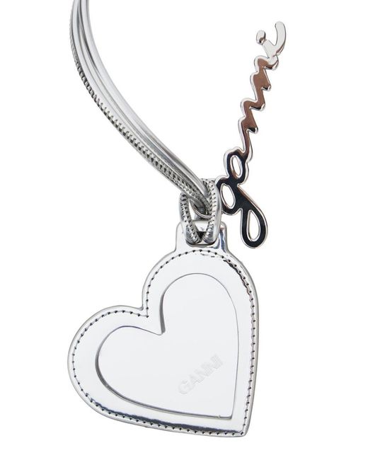 Ganni White Bou Heart Metallic Mirror With Logo Lettering Pendant And Heart Charm