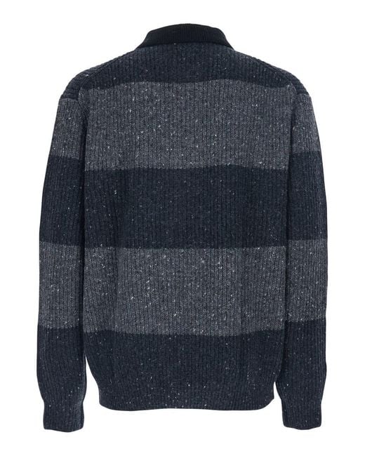 DUNST Blue Polo Shirt With Ribbed Design And Striped Motif for men