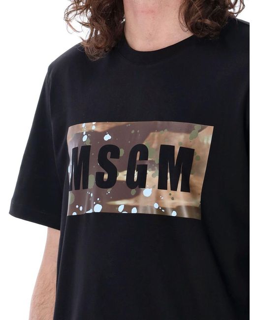 MSGM Black Camo Box Logo T-Shirt for men