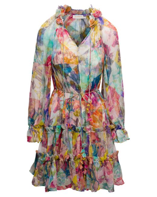 Zimmermann 'high Tide Swing' Floreal Printed Mini Dress With Ruches In