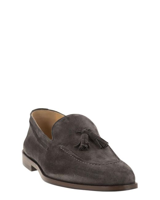 Brunello Cucinelli Gray Suede Moccasins With Tassels for men