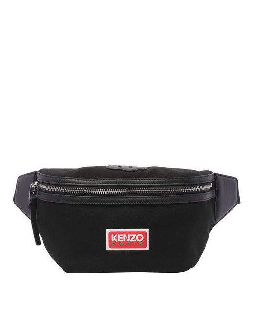 KENZO Black Embroidered Leather Belt Bag for men