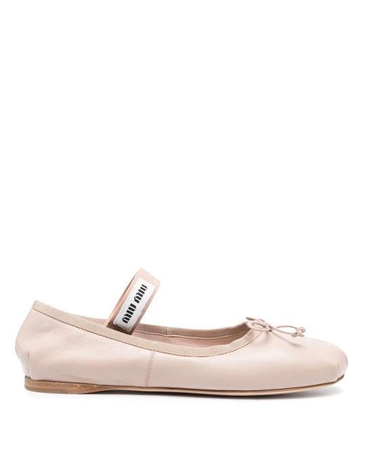 Miu Miu Leather Logo-patch Ballerina Shoes in Pink - Save 24% | Lyst