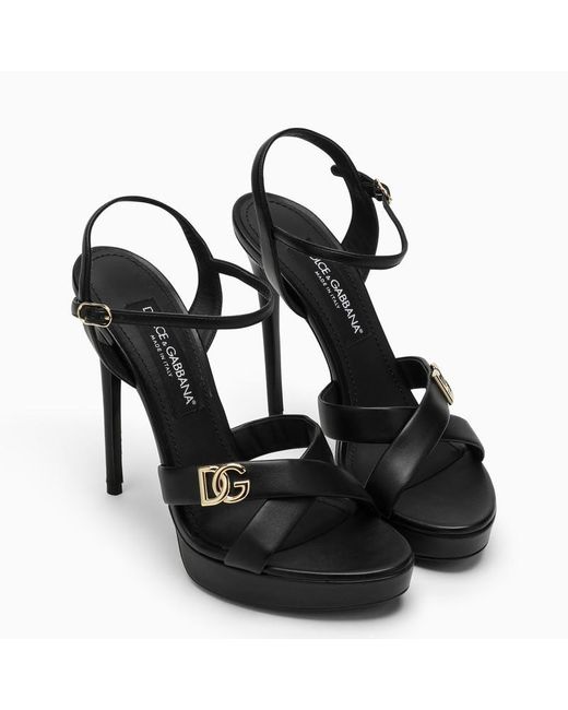 Dolce & Gabbana Black Dg Logo Leather Platform Sandal