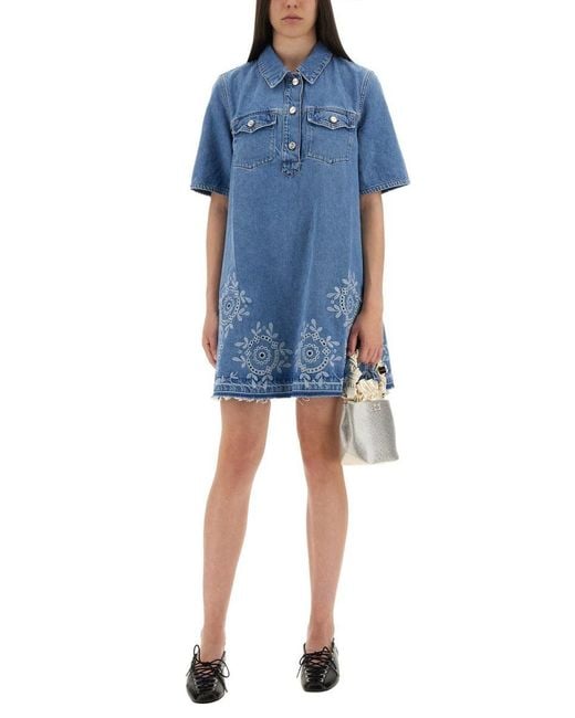 Ganni Blue Mini Dress With Sangallo Embroidery