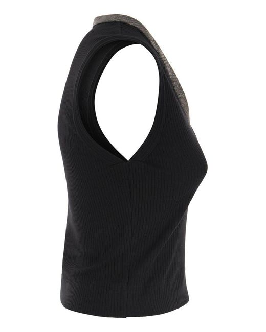 Brunello Cucinelli Black Stretch Cotton Rib Jersey Top With Shiny Collar