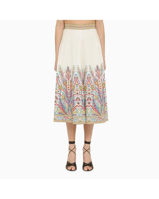 Etro Natural Multicoloured Cotton Midi Skirt