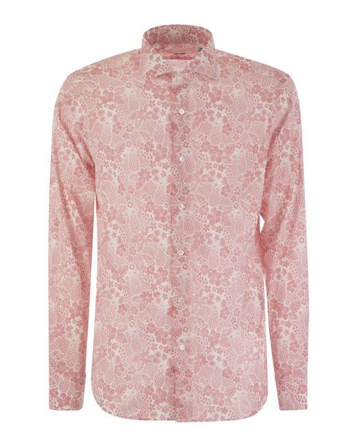 Fedeli Pink Printed Stretch Cotton Voile Shirt for men