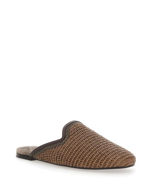 Brunello Cucinelli Brown Slip-On Sandals With Woven Design And Suede Lining