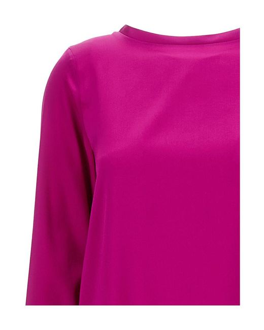 Plain Pink Fuchsia Long-sleeved Blouse In Stretch Silk Woman