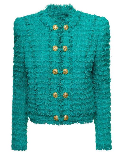 Balmain Teal Blue Tweed Jacket With Fringes Trims And Golden Buttons In ...