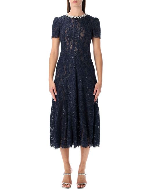 Self-Portrait Blue Lace Midi Dress With Pearl And Crystal Embellished Collar