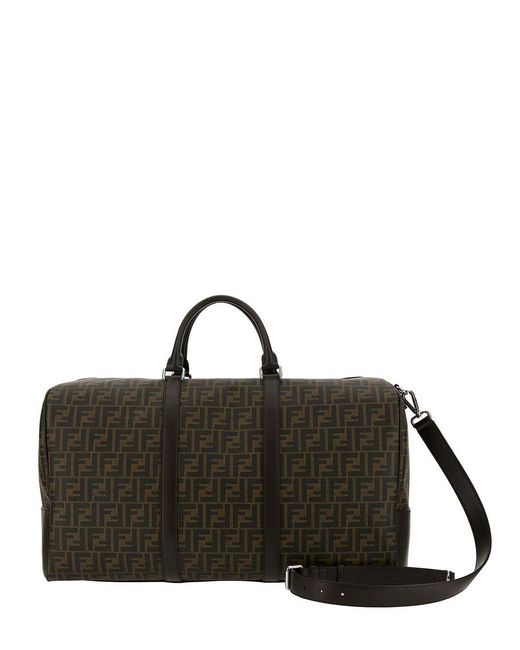 Fendi Black 'medium Duffle' Brown Travel Bag With Ff Motif In Fabric Man for men