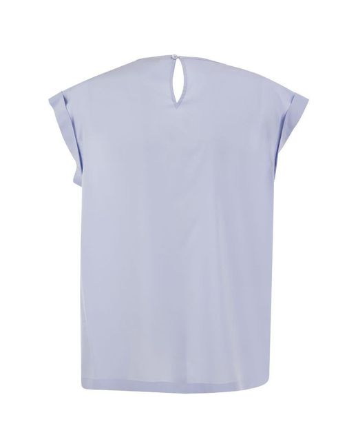 Peserico Blue Top In Precious Silk Crepe De Chine With Watery Embroidery